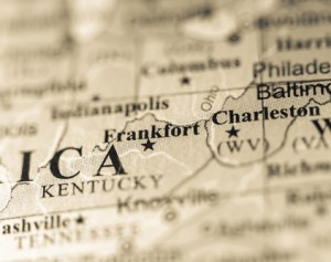 Closeup of Frankfort, Kentucky on a political map of USA