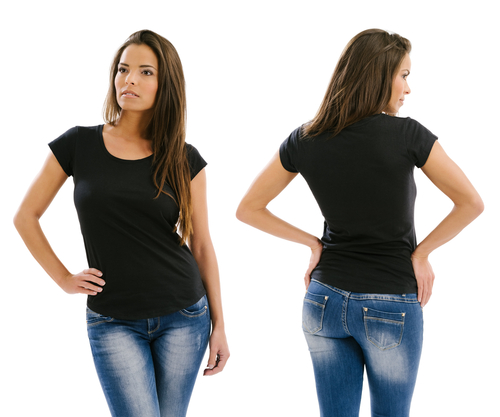 front and back view woman black t shirt