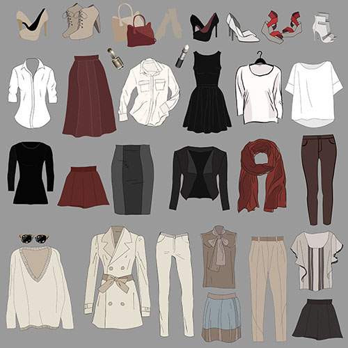 womans wardrobe items illustration